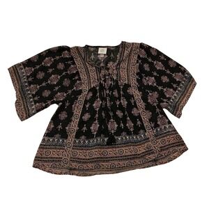 Knox Rose Dark Floral Flutter Sleeve Top Chiffon Tassel Polyester Boho Cottage S